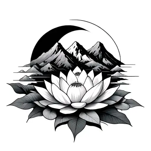Mountain With Moon And Lotus Flower Blooming