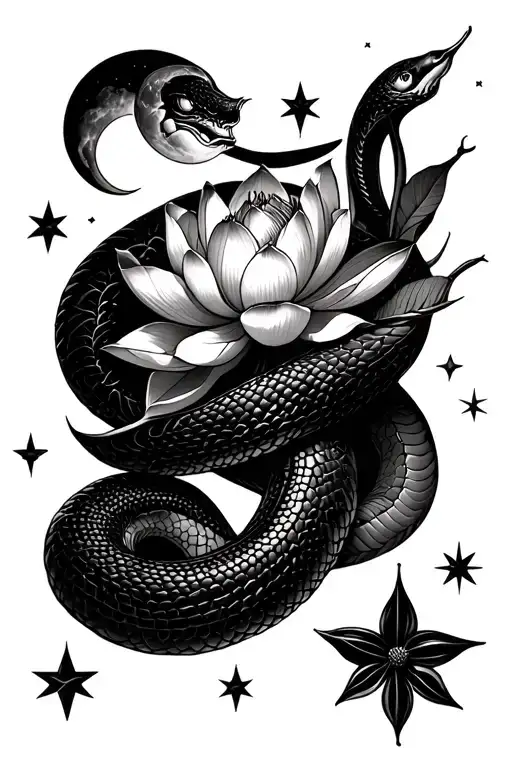 Lotusflower Black Mamba Snake Moon And Stars