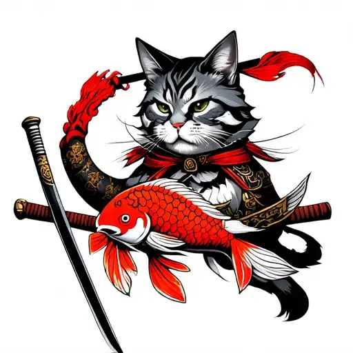Life-size Samurai Cat With Katana And Red Carp
