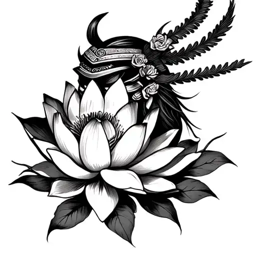 Samurai Head And Lotus Flower Blooming