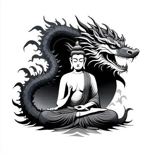 Dragon With Asian Buddha Meditating