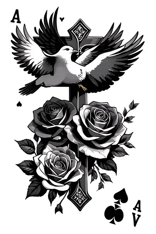 Poker Cards Floating Doves Plus Cross With Roses Intertwined