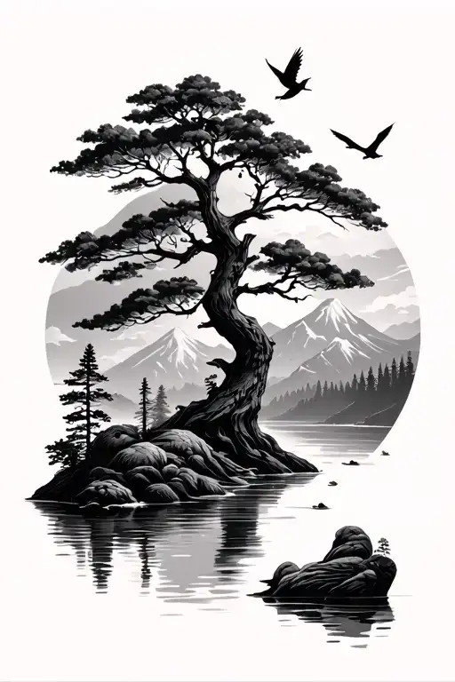 Mountains River Trees Birds