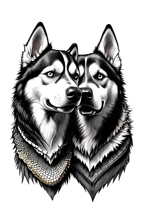 Two Siberian Husky Heads Facing Each Other With A Bearded Dragon Head In Between Them