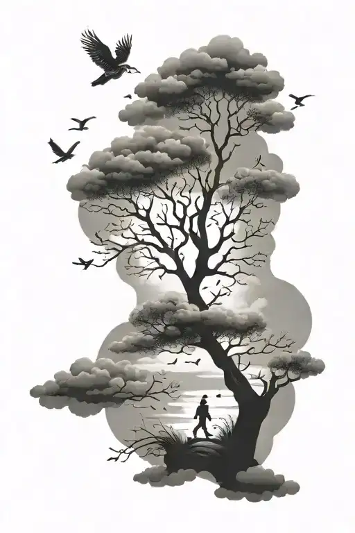 Tree Clouds Birds Person Walking
