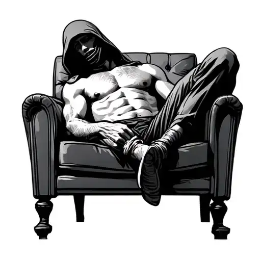 Shirtless Hostage Man Sitting In Chair With Hood Over His Face Hands Tied Behind Him