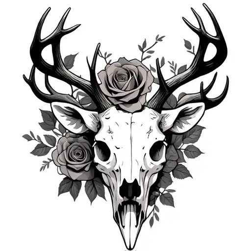 Deer Skull That Has Antlers Intertwined With Thorns And Roses