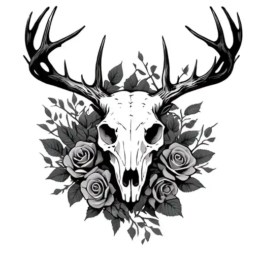 Deer Skull Intertwined With Thorns And Roses