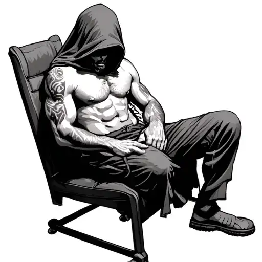 Shirtless Hostage Man Sitting In Chair With Hood Over His Face Hands Tied Behind Him
