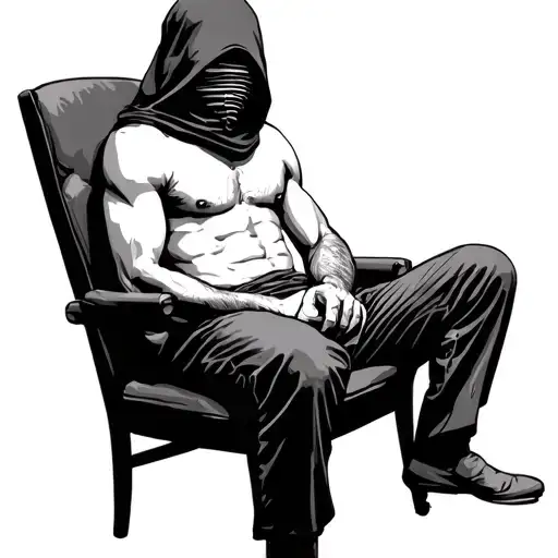 Shirtless Hostage Man Sitting In Chair With Hood Over His Face Hands Tied Behind Him