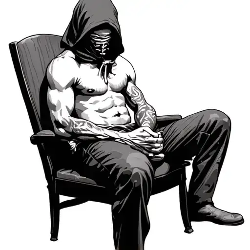 Shirtless Hostage Man Bent Over Wooden Chair With Hood Over His Face Hands Tied Behind Him
