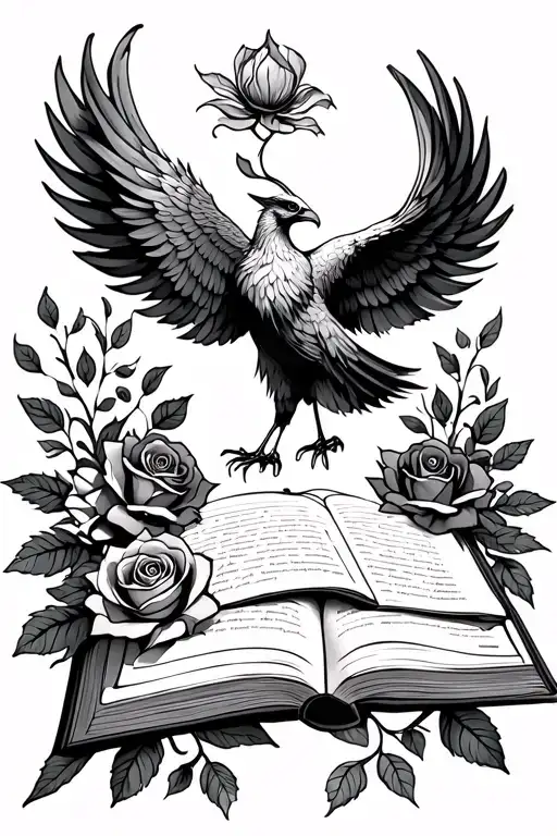 Book With Text And Phoenix Bird And Leaves And Roses Near The Book