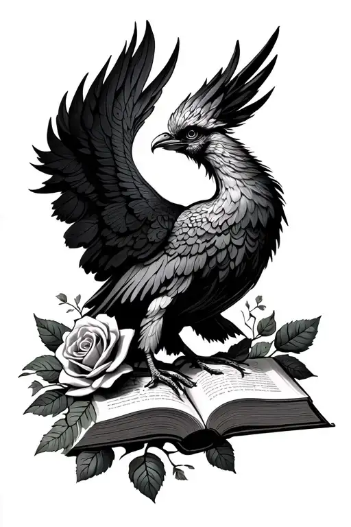 Book With Text And Phoenix Bird And Leaves And Roses Near The Book