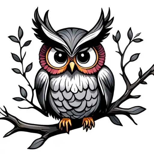 Cute Colorful Owl On Branch Intertwined