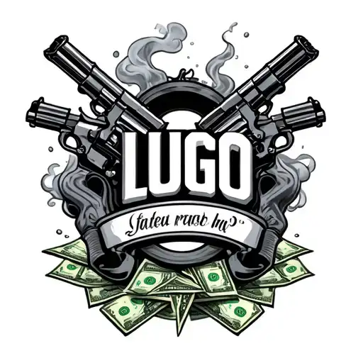 Forearm Tattoo That Says Lugo With Guns And Smoke And Money Around It