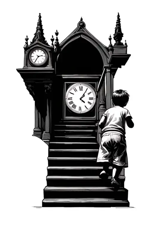 A Child Going Up Stairs Leading To A Clock