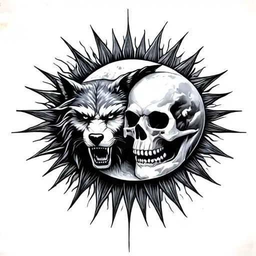 Moon And Sun Realistic With Werewolf And Vampire Skull