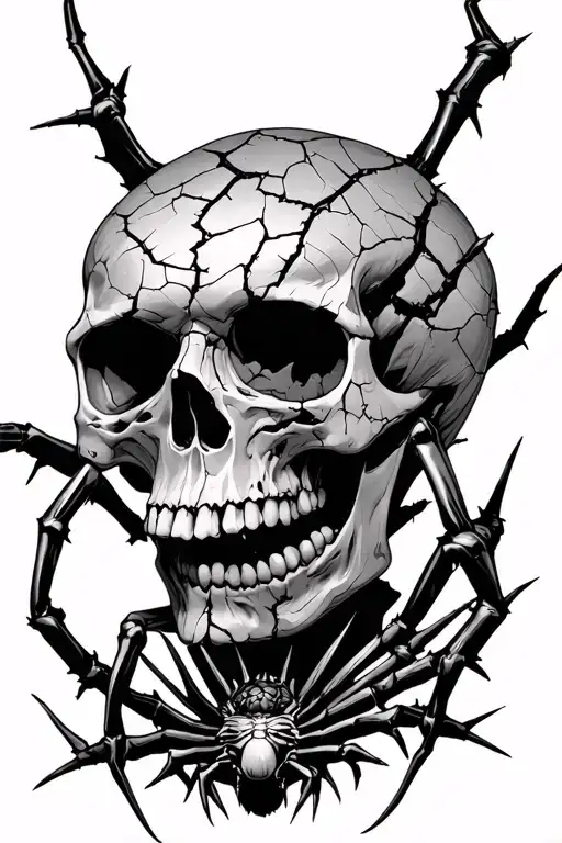 Cracked Skull With Spider Legs And Thorns At The Bottom Of The Skull