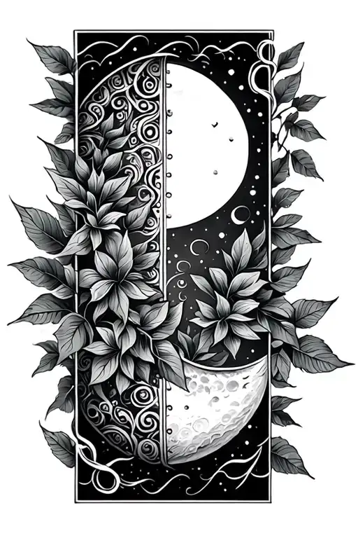 Vertical Tattoo On A Line With Small Patterns Below The Other With A Nice Moon Of The Leave