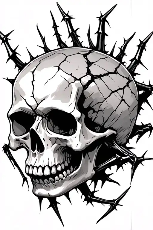 Cracked Skull With Spider Legs And Thorns At The Bottom Of The Skull