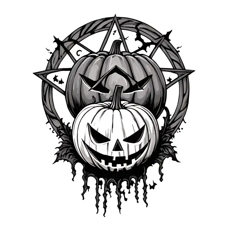 Tattoo Of A Pentagram Behind And Halloween Pumpkin
