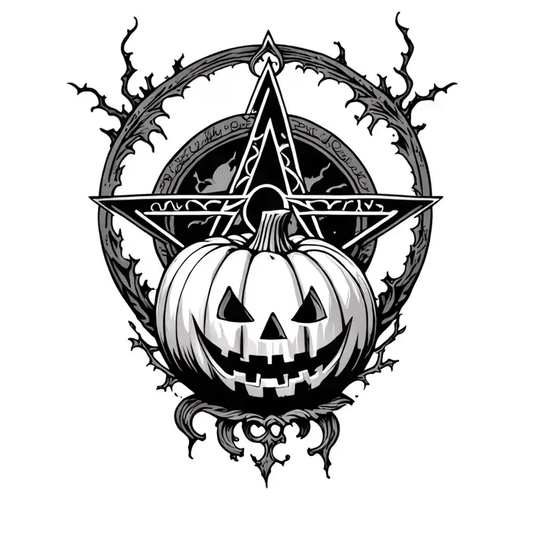 Tattoo Of A Pentagram Behind And Halloween Pumpkin