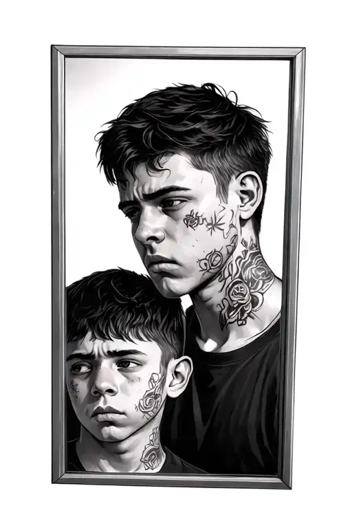 Man Looking In A Mirror At His Dissapointed Younger Self