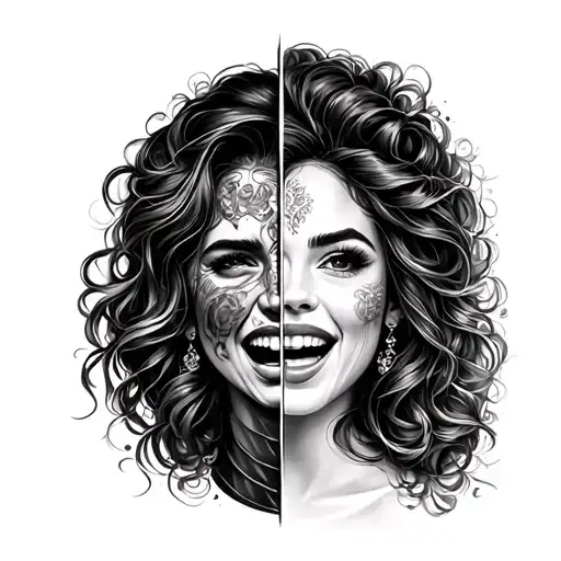 Chicano Tattoomotifof Girl Whocries And Laughs Divided Into Two Portraits That Merge With Each Other