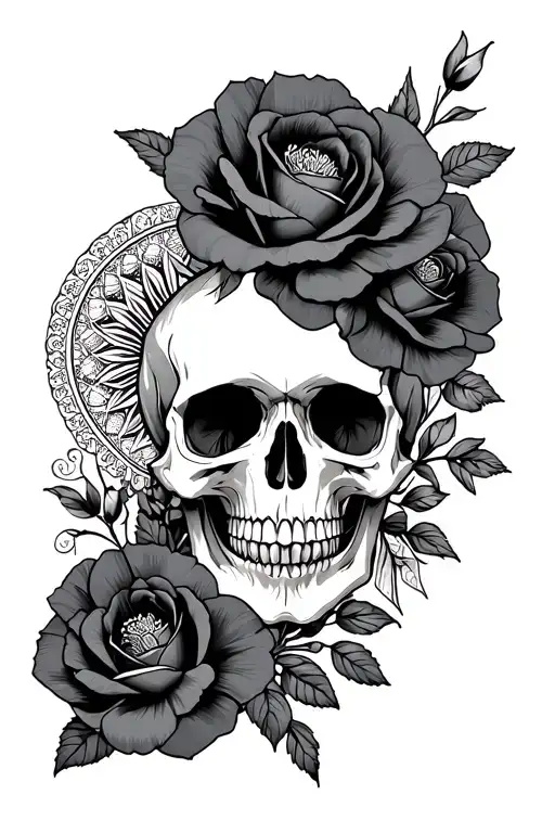 Skull With Roses And Poppies And A Mandala Design Incorporating