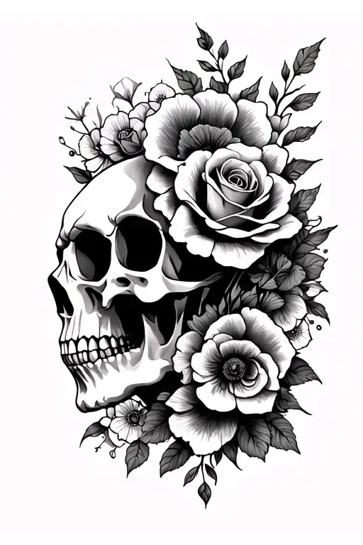 Side Profile Of Skull With Roses And Poppies And A Mandala Design Incorporating
