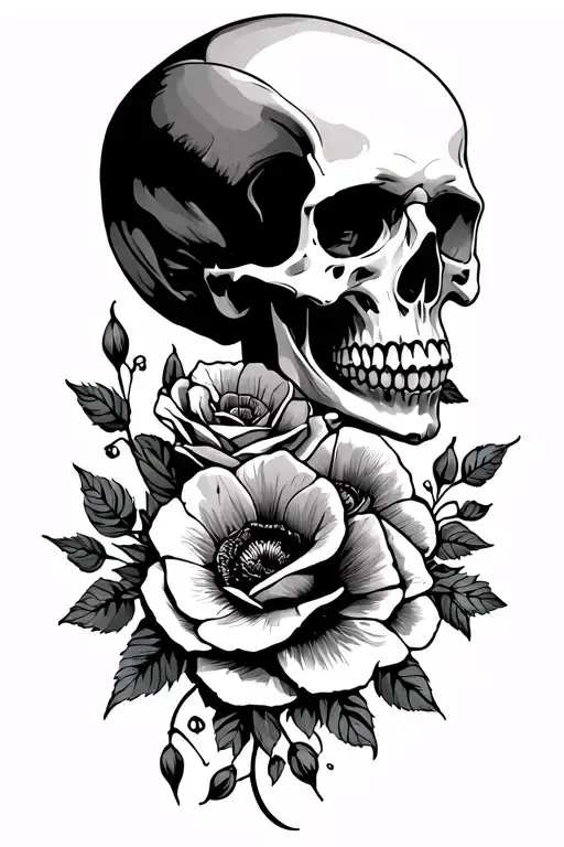 Side Profile Of Skull With Roses And Poppies Bottom Of Skull