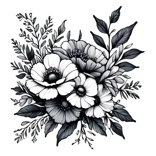 Make A Birth Flower Bouquet Tattoo Style Black And White With February May August December