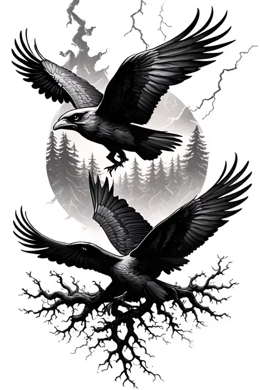 Ravens Flying With Forest And Lightning Background With Roots Flowing From The Bottom