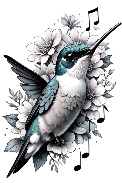 Hummingbird Surrounded By Flowers And Music Note Intertwined