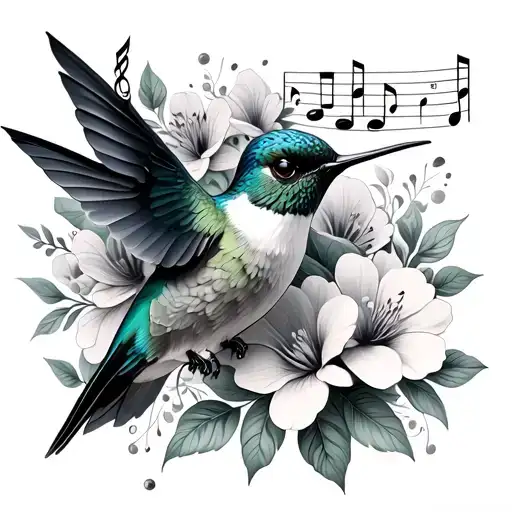Hummingbird Surrounded By Flowers And Music Notes