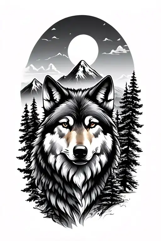 Wolf And Forest And Mountain Landscape