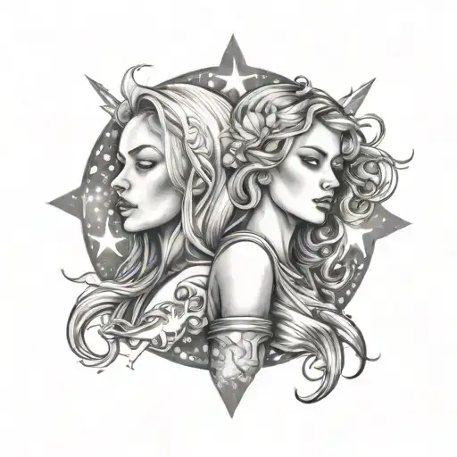 Blonde Girl On The Moon Background With Brunette Girl On The Sun Background