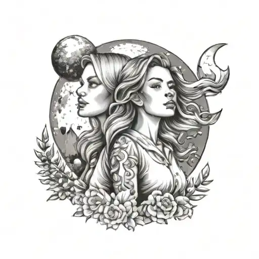 Blonde Girl On The Moon Background With Brunette Girl On The Sun Background