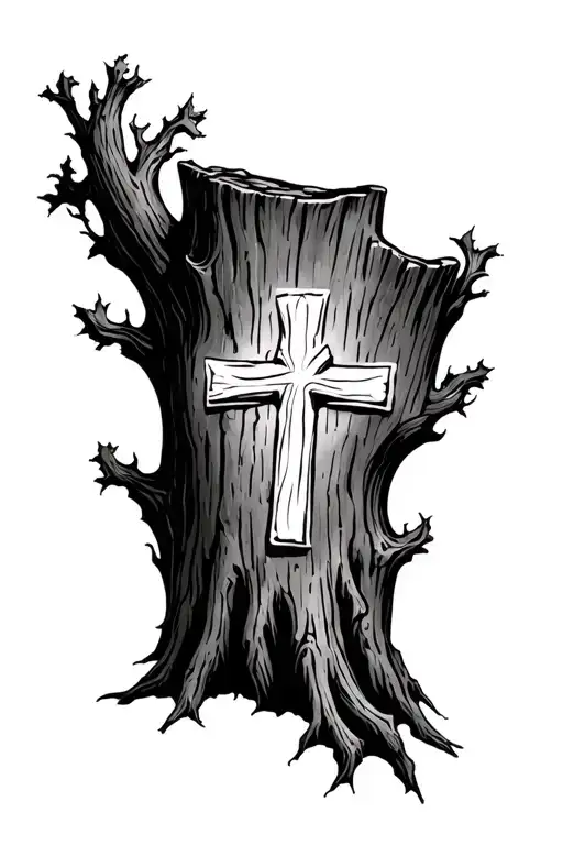 Half Sleeve Tree Stump With Cross Ingraved On Side