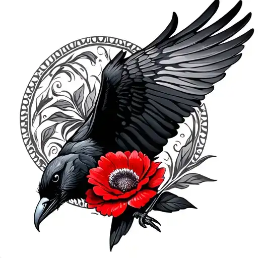 Crow Flying With A Red Flower
