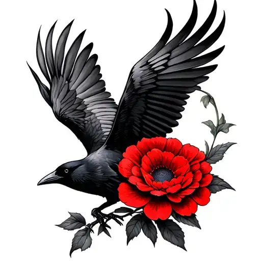 Crow Flying With A Single Red Flower