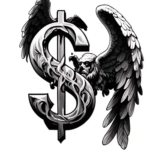 A Tattoo Of A Dollar Sign Morphing Into A Religious Symbol Like A Cross Or An Angel