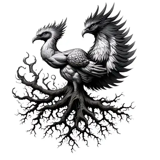 A Muscular Arm Gradually Turns Into Deep Tree Roots And A Phenix That Comes Out Of The Roots