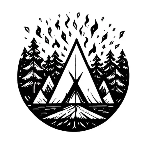 Line Art Camping Fire Triangles Paper Airplane