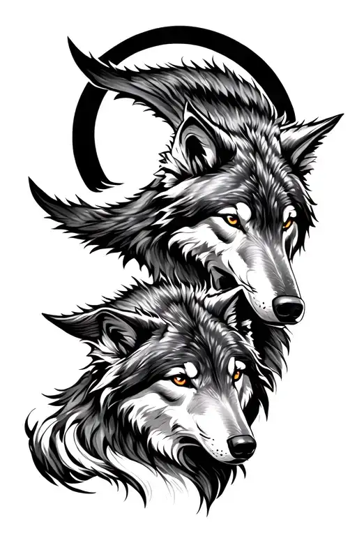 Father Wolf Head And Son Wolf Head Looking Majestically With A Moon Behind Them