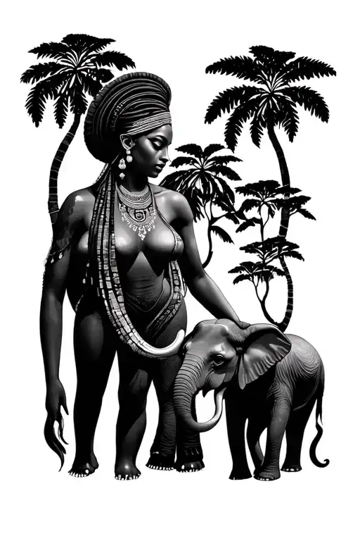 African Goddess Surrounded By African Trees And One Elephant