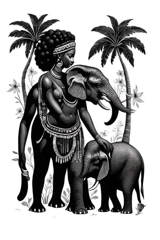 African Goddess Guarding An Elephant Surrounded By African Trees And Flowers