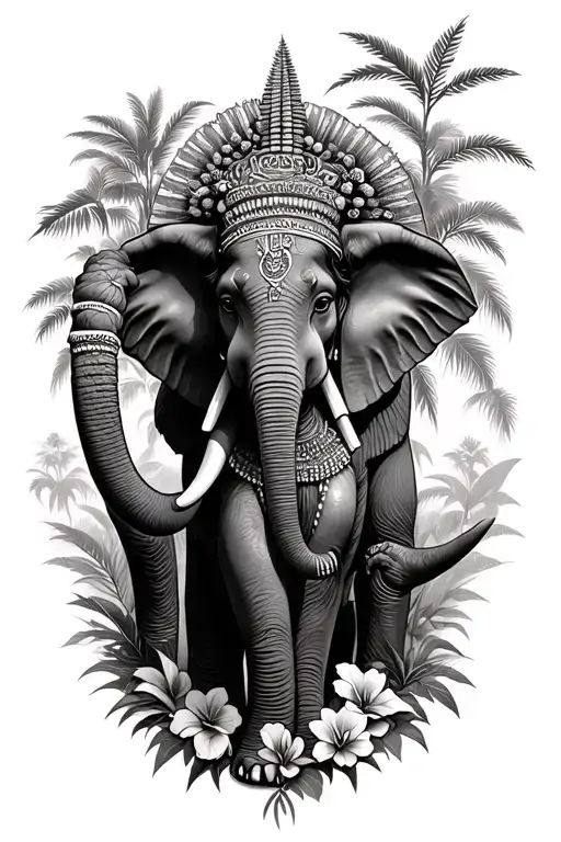 African Goddess Guarding An Elephant Surrounded By African Trees And Flowers
