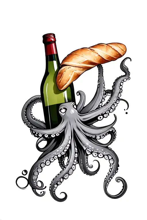 Octopus Holding Wine Bottle And Baguette