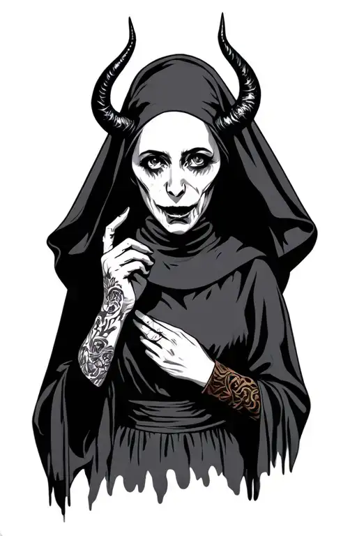 Horror Nun Holding Devil Horns Holding